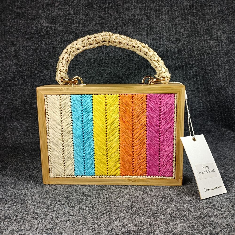 Moda Luxe Box Purse Women Rainbow Wooden Top Handle Crossbody Bag - Picture 2 of 11